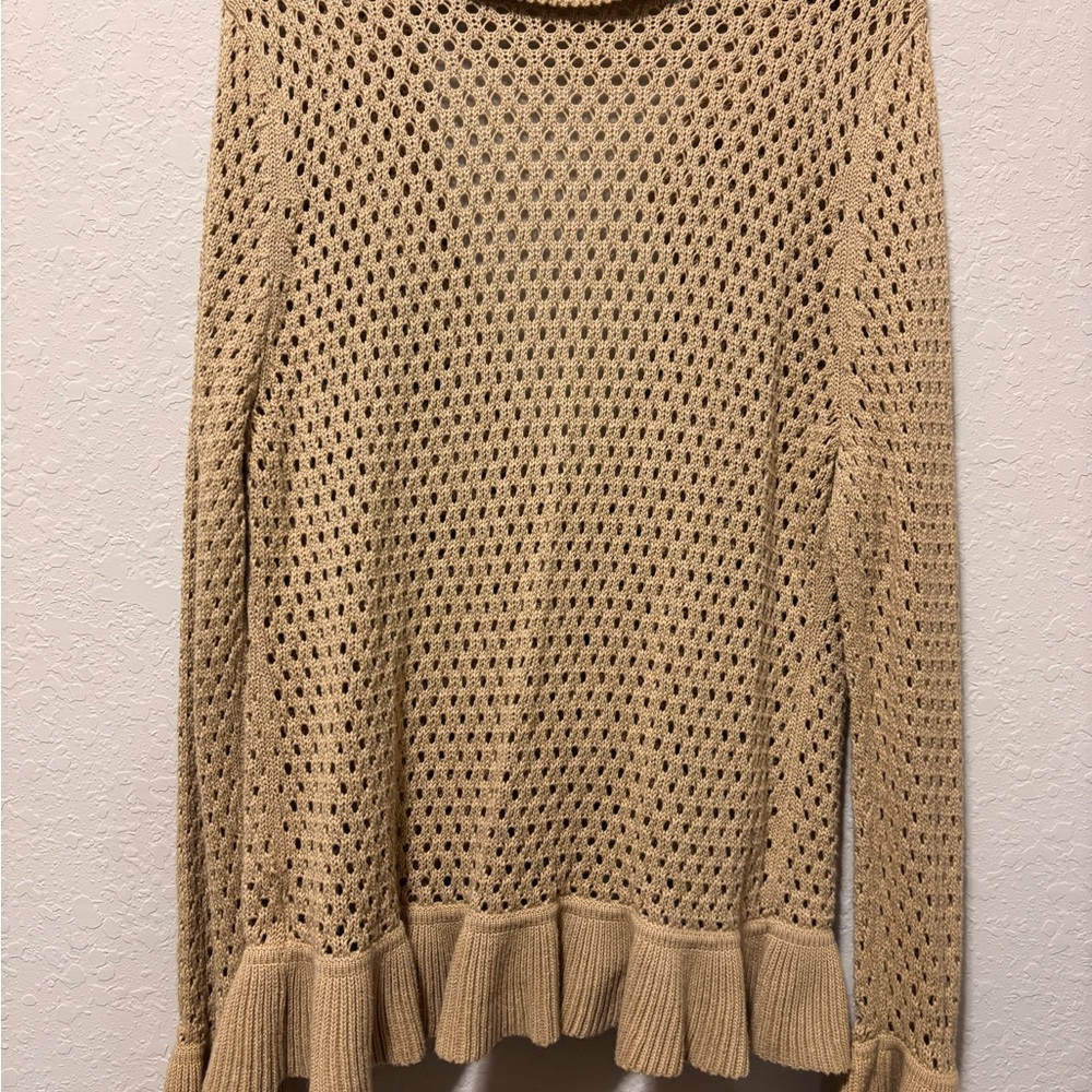 Vtg Pointelle Knit Cardigan XL Tan Ruffle Bell Sleeve Coquette Coastal Boho Doll - Picture 9 of 16